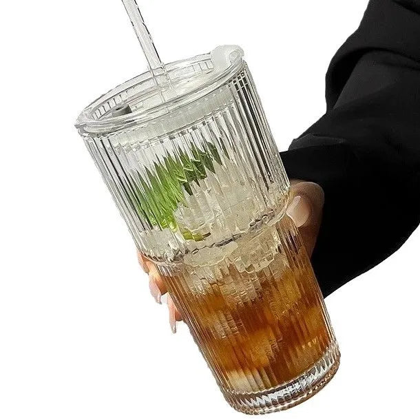 Customized Large Vertical Stripe Water Cup with Double Drink Lid Glass Drinkware for Coffee Juice Cold Beverages
