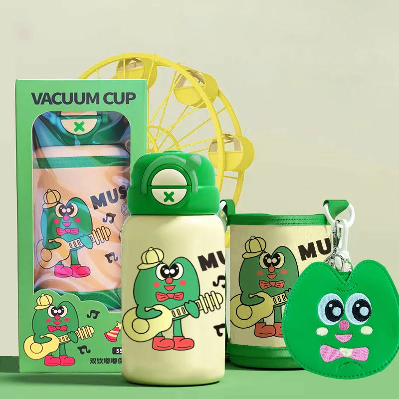 550ml Children's Stainless Steel Double Wall Vacuum Insulated Thermos Water Cup Cartoon Design Leak-Proof Cap 6-12 Hours Thermal