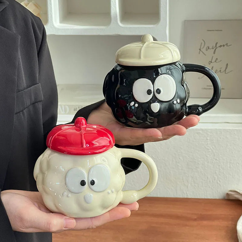 Cute Cartoon Ceramic Coffee Mug with Lid Creative Home Office Couple Water Cup