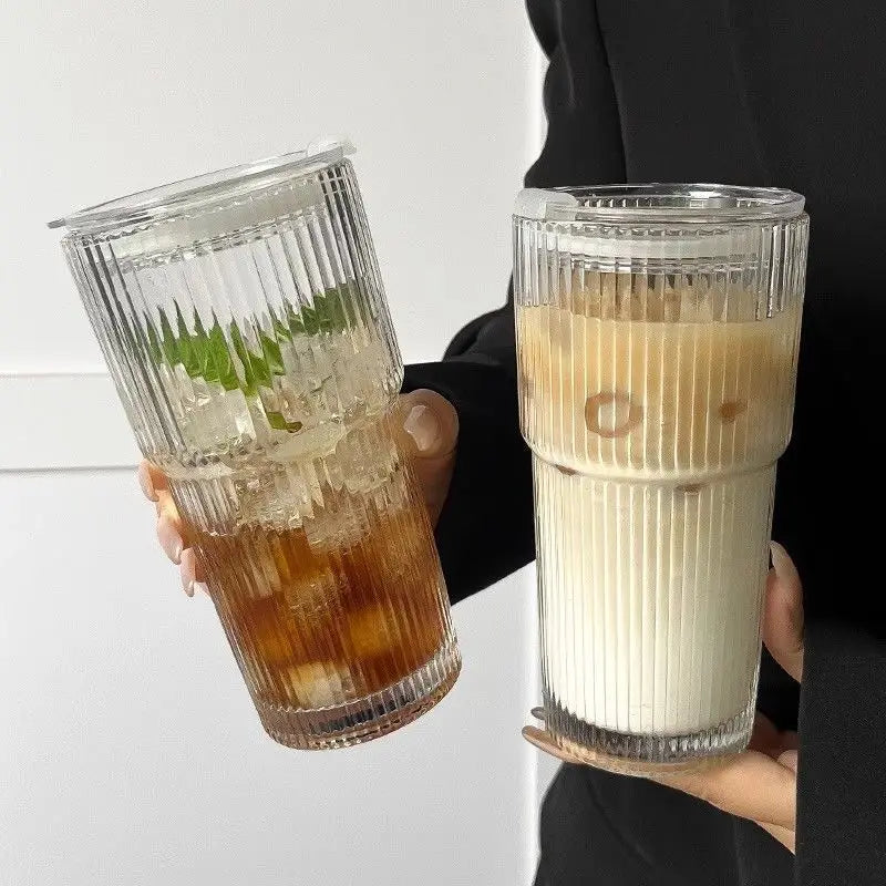 Customized Large Vertical Stripe Water Cup with Double Drink Lid Glass Drinkware for Coffee Juice Cold Beverages