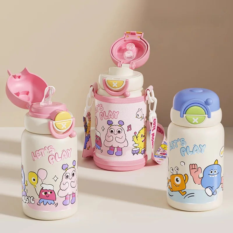 550ml Children's Stainless Steel Double Wall Vacuum Insulated Thermos Water Cup Cartoon Design Leak-Proof Cap 6-12 Hours Thermal