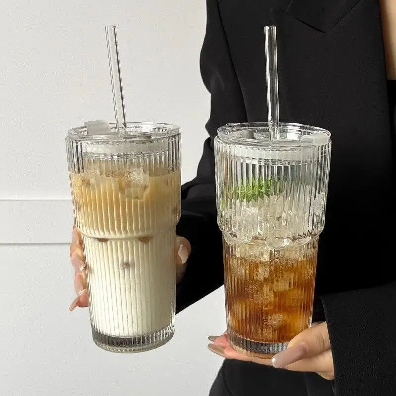 Customized Large Vertical Stripe Water Cup with Double Drink Lid Glass Drinkware for Coffee Juice Cold Beverages