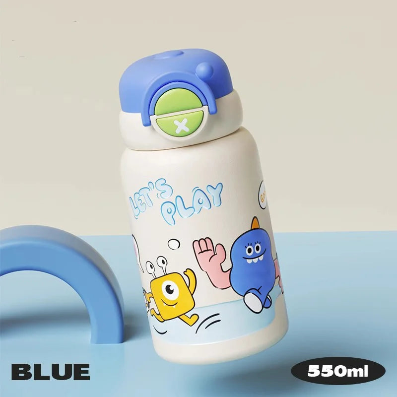 550ml Children's Stainless Steel Double Wall Vacuum Insulated Thermos Water Cup Cartoon Design Leak-Proof Cap 6-12 Hours Thermal