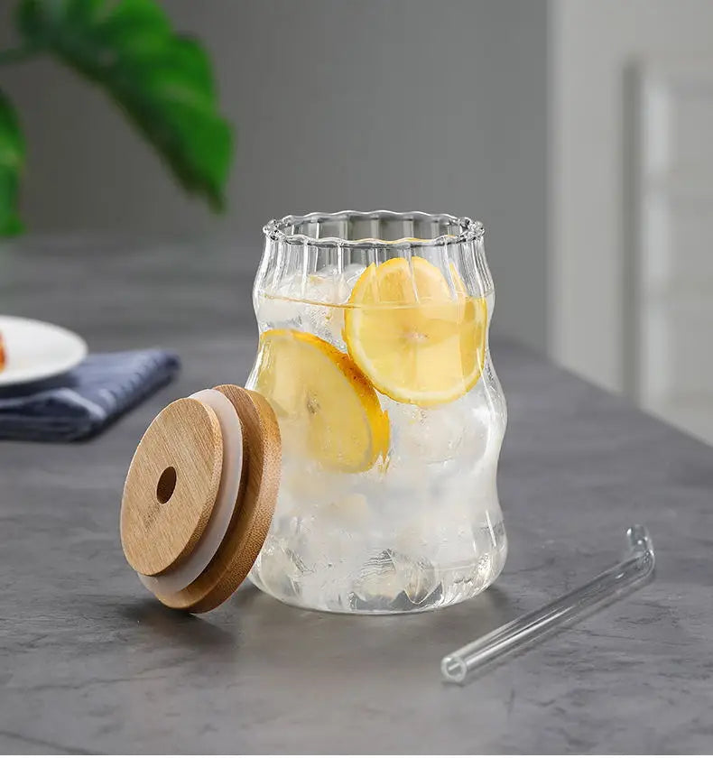 High Borosilicate Ins Style High Value Vertical Glass Water Cup with Bamboo Lid and Straw