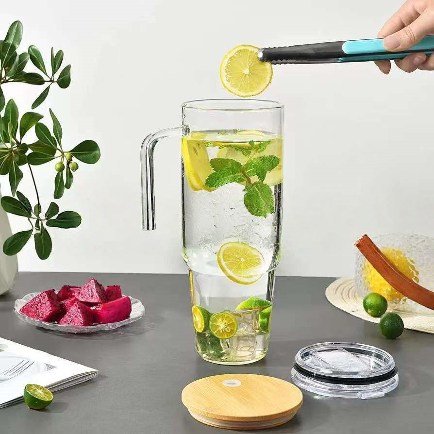 Drinkware Mugs Clear Transparent 32oz 40oz Adventure Travel Glass Tumbler Car Mug with Handle and Bamboo Lid