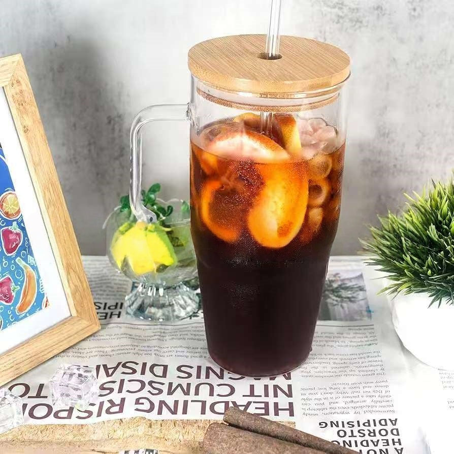 Drinkware Mugs Clear Transparent 32oz 40oz Adventure Travel Glass Tumbler Car Mug with Handle and Bamboo Lid