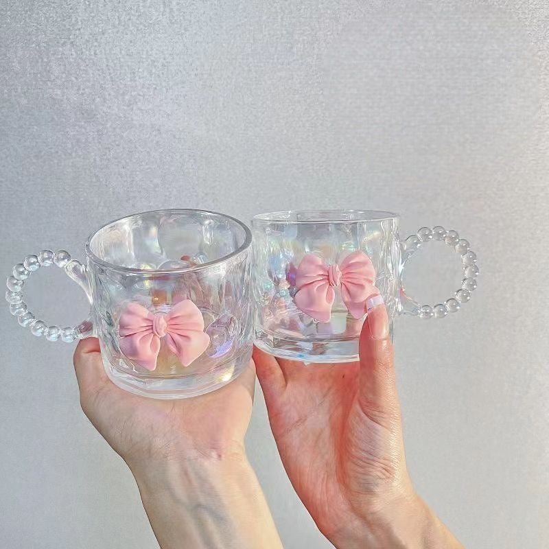260ML Rainbow Iridescent Glass Cup Clear Milk Water Tumbler Cute Pink Bowknot Coffee Mug With Bead Handle For Girls