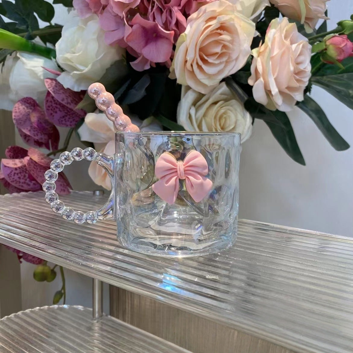 260ML Rainbow Iridescent Glass Cup Clear Milk Water Tumbler Cute Pink Bowknot Coffee Mug With Bead Handle For Girls