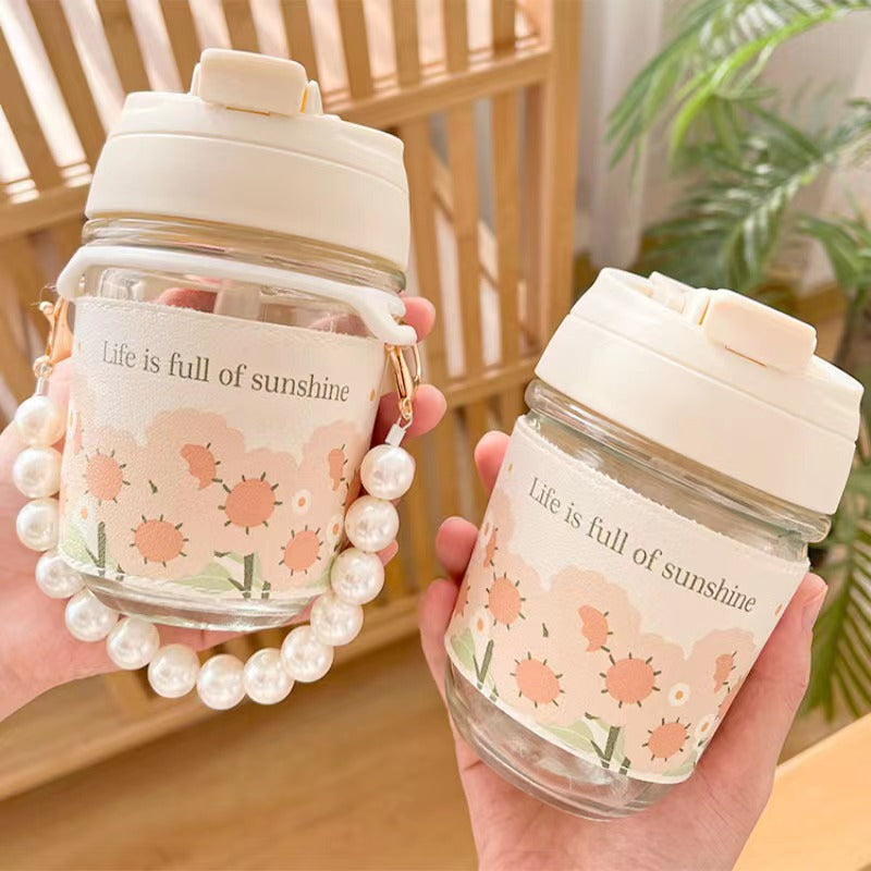 350ml Ins Style High-value Pearl Chain Straw Glass Cup Fresh Sunflower Summer Drinking Cup