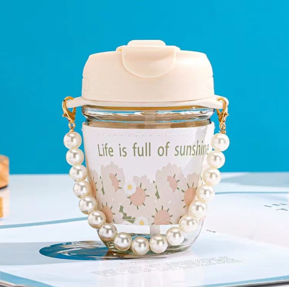 350ml Ins Style High-value Pearl Chain Straw Glass Cup Fresh Sunflower Summer Drinking Cup
