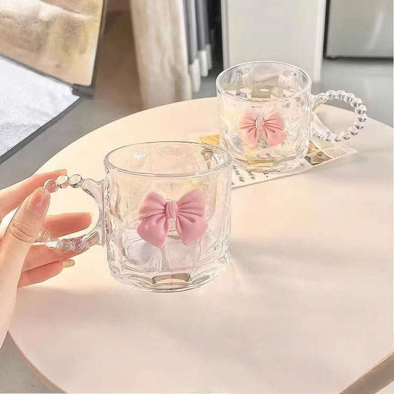 260ML Rainbow Iridescent Glass Cup Clear Milk Water Tumbler Cute Pink Bowknot Coffee Mug With Bead Handle For Girls