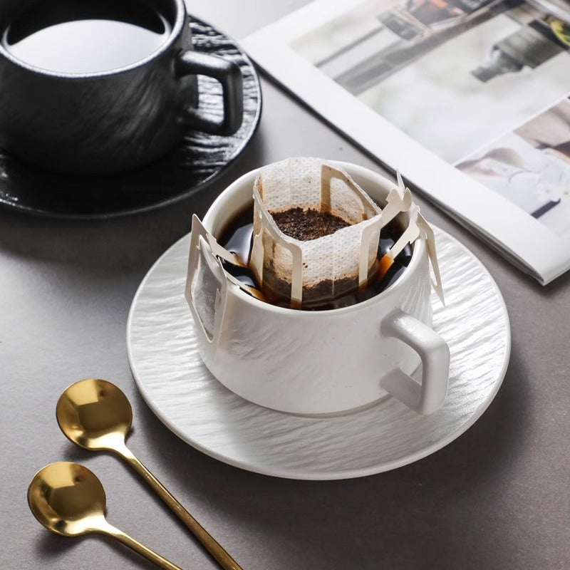 250ml Ceramic Cup White & Black Coffee Cup and Saucer Set