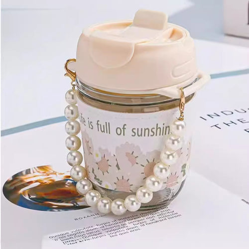 350ml Ins Style High-value Pearl Chain Straw Glass Cup Fresh Sunflower Summer Drinking Cup
