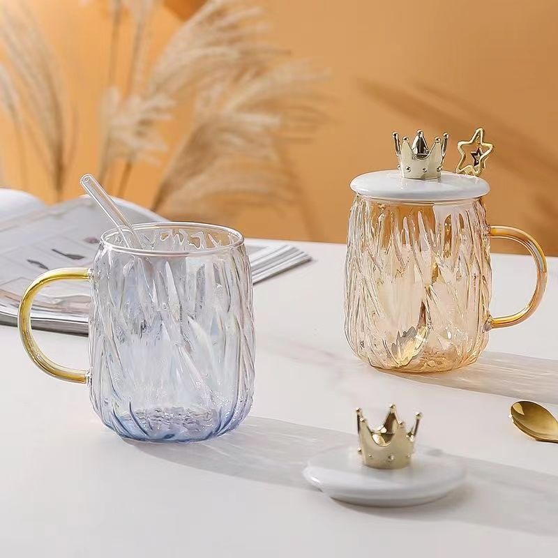 High Appearance Heat-resistant High-borosilicate Colorful Glass Coffee Mug with Lid for Office Water & Milk
