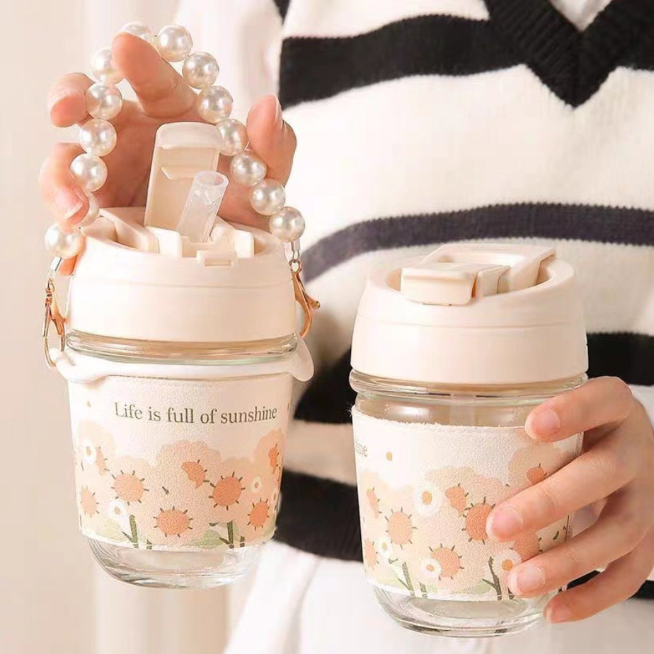 350ml Ins Style High-value Pearl Chain Straw Glass Cup Fresh Sunflower Summer Drinking Cup