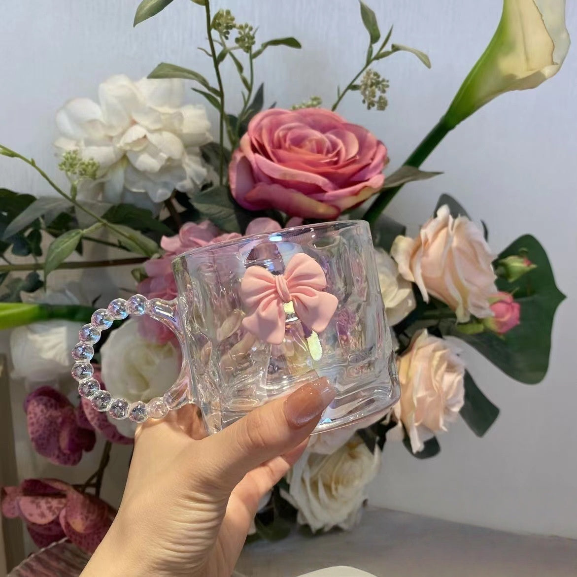 260ML Rainbow Iridescent Glass Cup Clear Milk Water Tumbler Cute Pink Bowknot Coffee Mug With Bead Handle For Girls